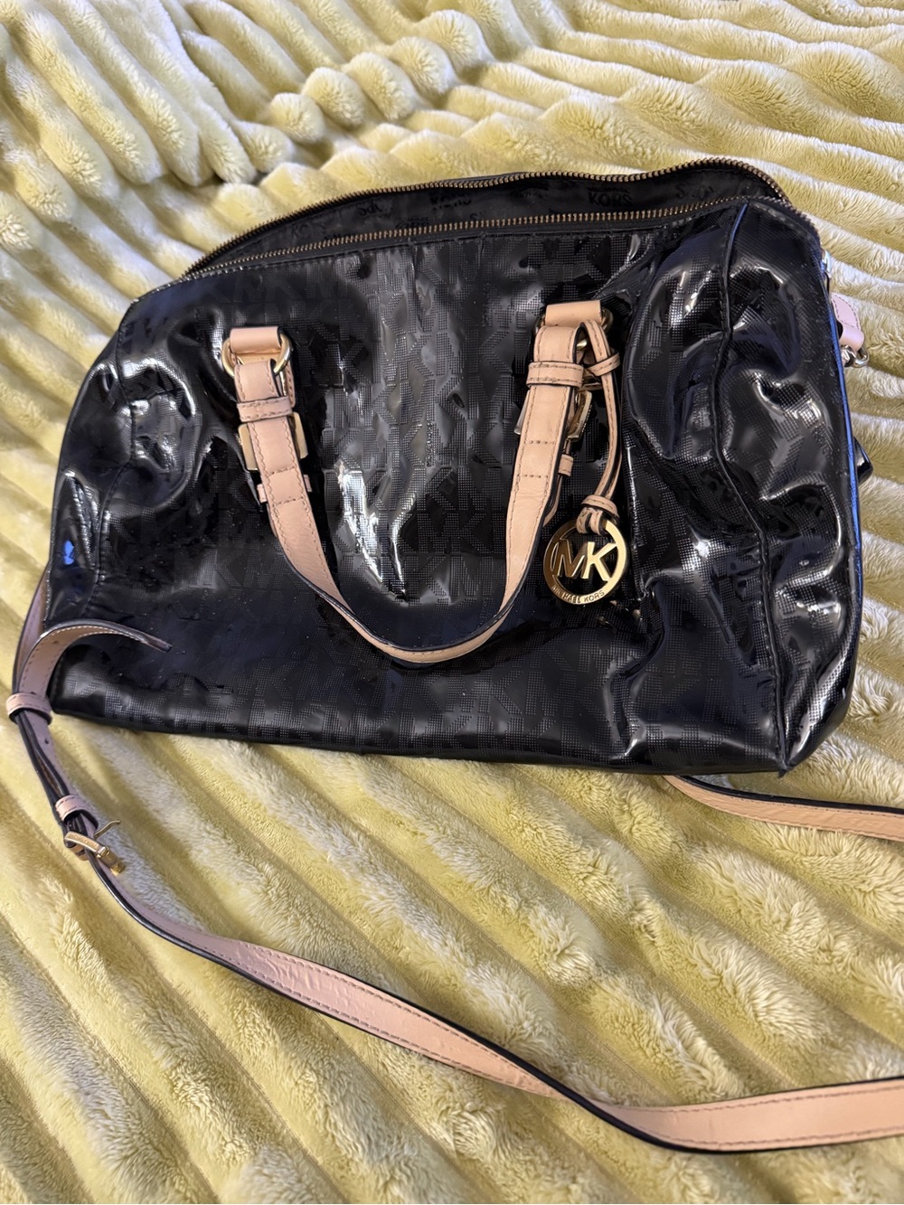 Michael Kors Black Patent Satchel with Blush Handles and Gold MK Charm